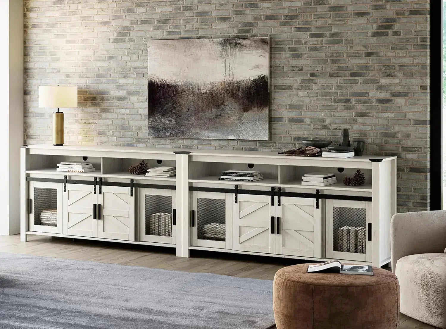 2 in 1 Farmhouse TV Stand for TVs Over 100 Inches with Grid and Barn Door with Open Storage for Living Room, Bedroom